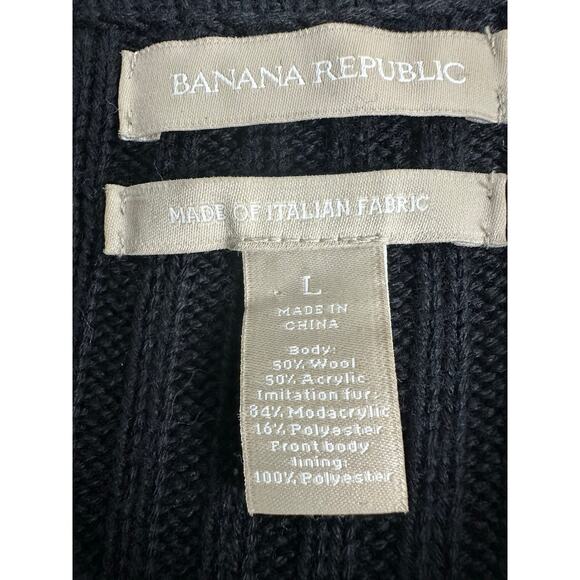 Banana Republic Size Large Black Wool Faux Fur Cardigan Sweater Winter Collared - Picture 6 of 11